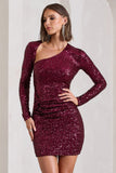 Rising Star Burgundy Sequin Long-Sleeved Twisted Mini Dress