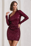 Rising Star Burgundy Sequin Long-Sleeved Twisted Mini Dress