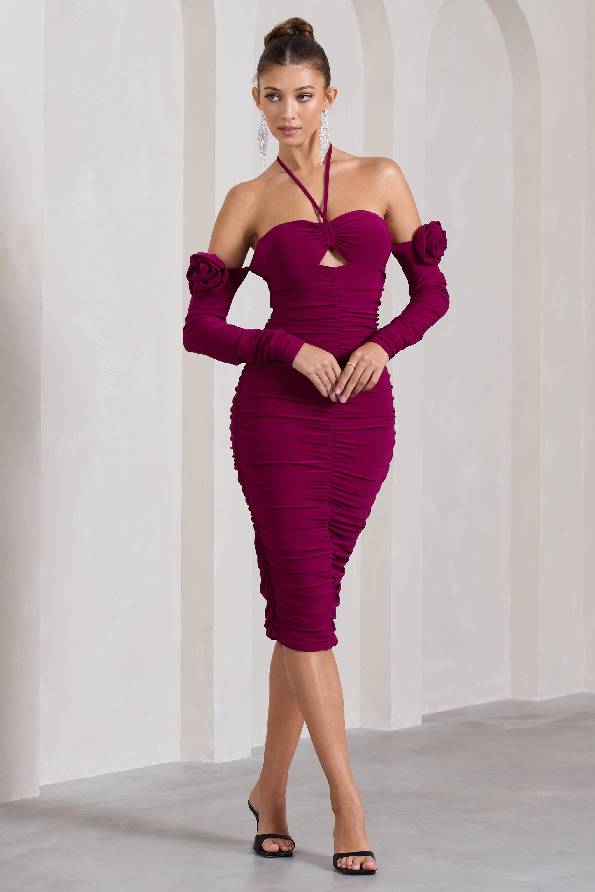 Extra Special Dark Cherry Ruched Halter-Neck Midi Dress With Flowers
