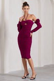 Extra Special Dark Cherry Ruched Halter-Neck Midi Dress With Flowers