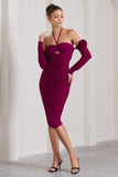 Extra Special Dark Cherry Ruched Halter-Neck Midi Dress With Flowers