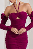 Extra Special Dark Cherry Ruched Halter-Neck Midi Dress With Flowers