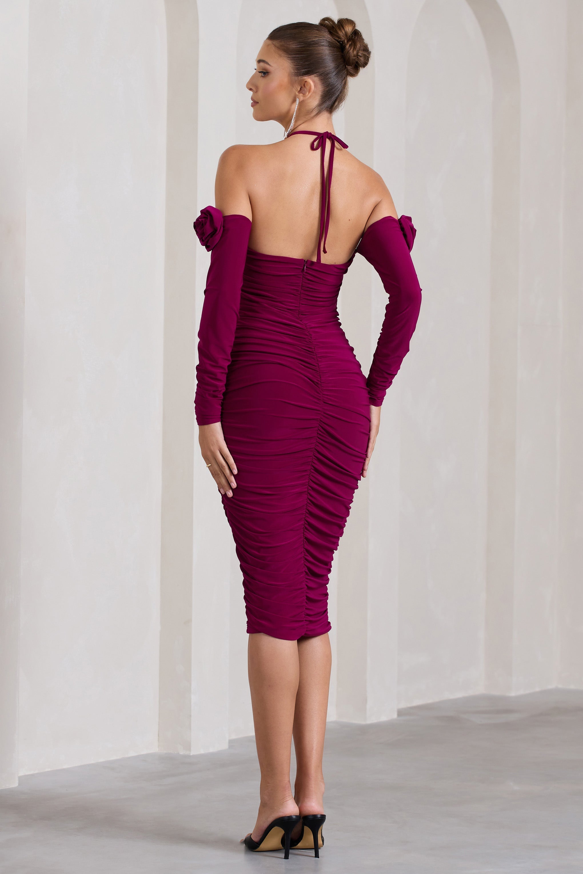 Extra Special Dark Cherry Ruched Halter-Neck Midi Dress With Flowers
