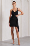 She's Here Black Strappy Mini Dress With Flower & Drape