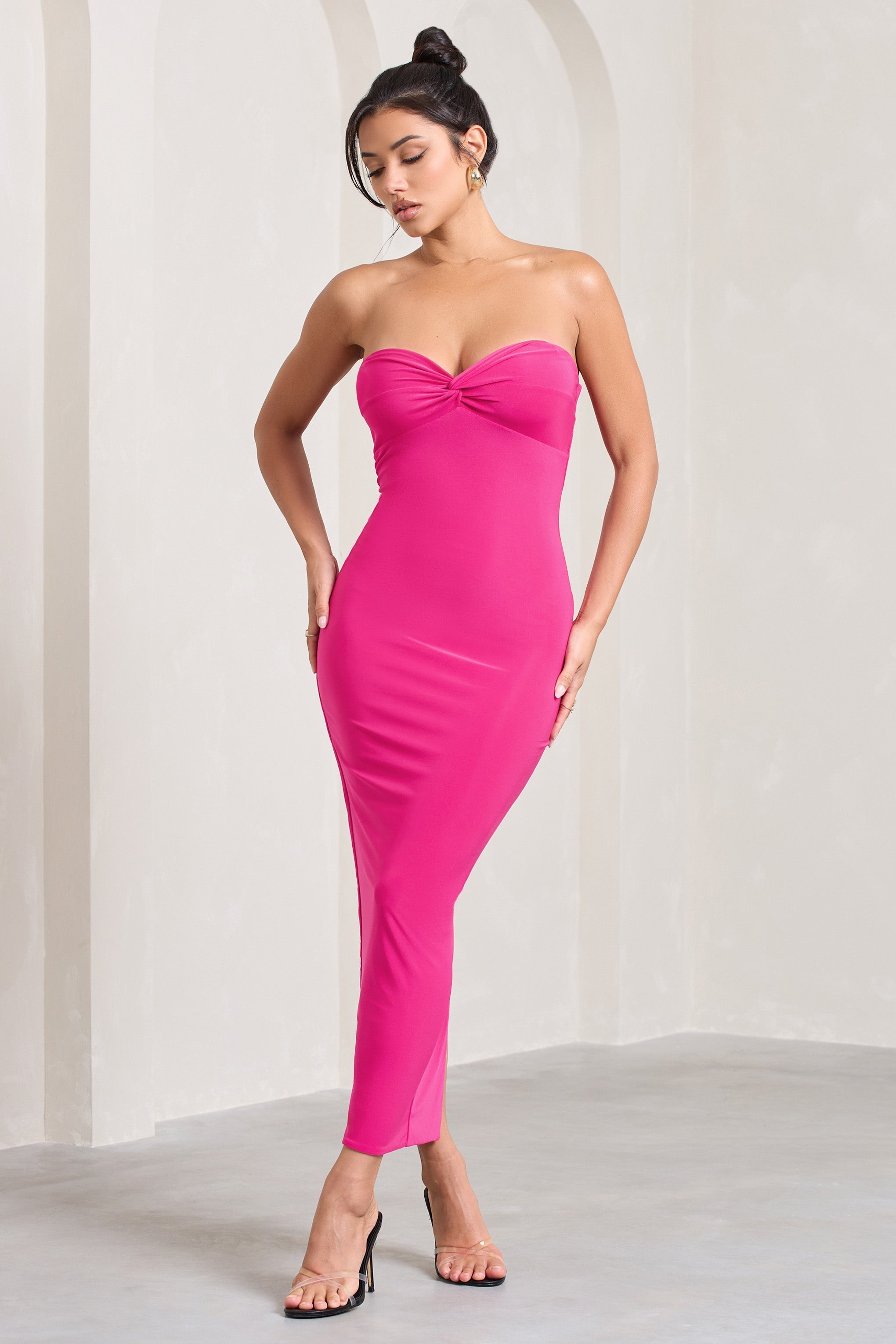 Evita Hot Pink Sweetheart Twist Detail Maxi Dress
