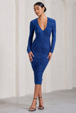 Elisabeth Cobalt Blue V-Neck Long-Sleeved Midi Dress