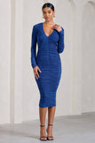 Elisabeth Cobalt Blue V-Neck Long-Sleeved Midi Dress