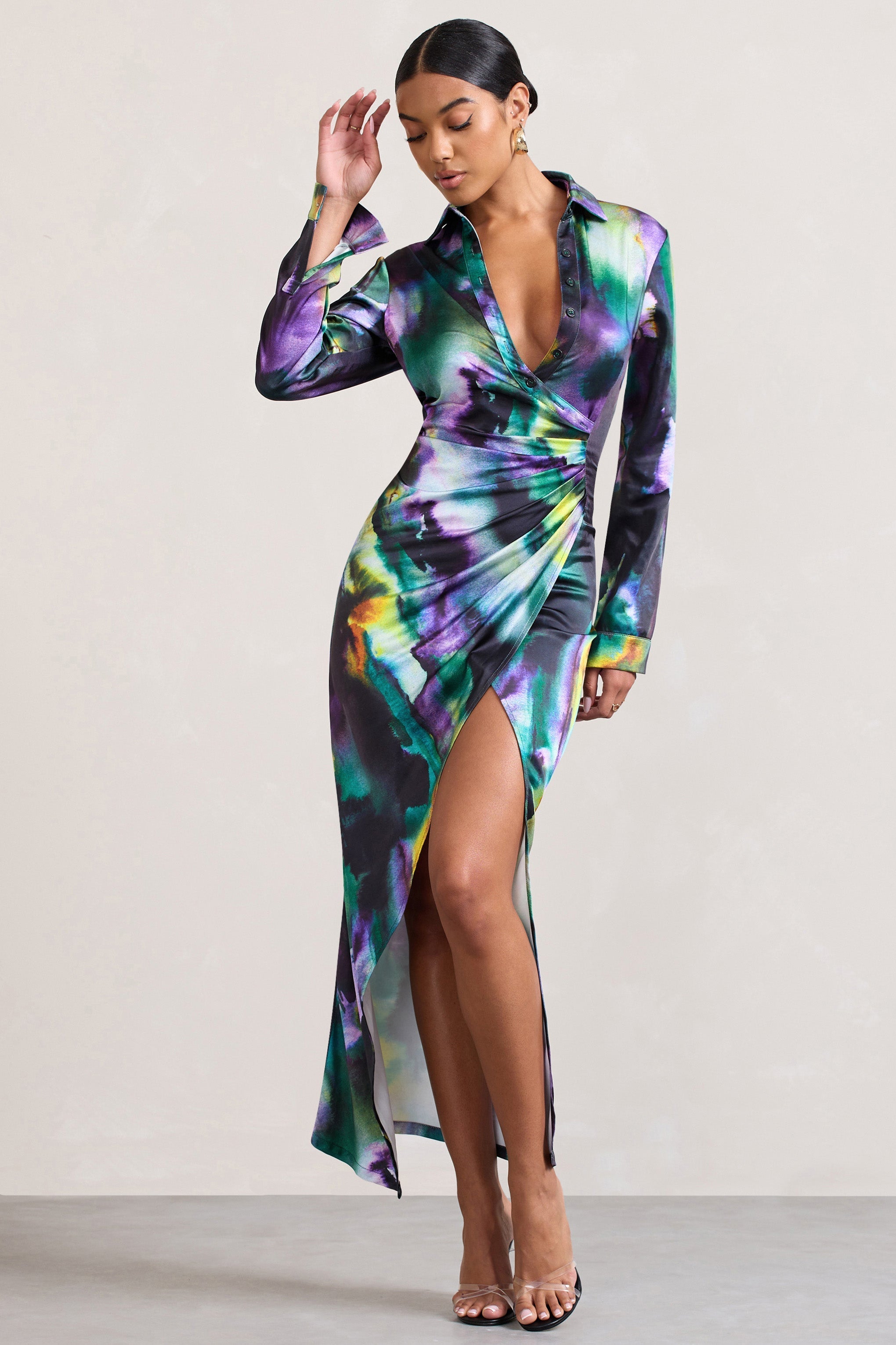 Oasis Watercolour Print Satin Long-Sleeved Maxi Shirt Dress