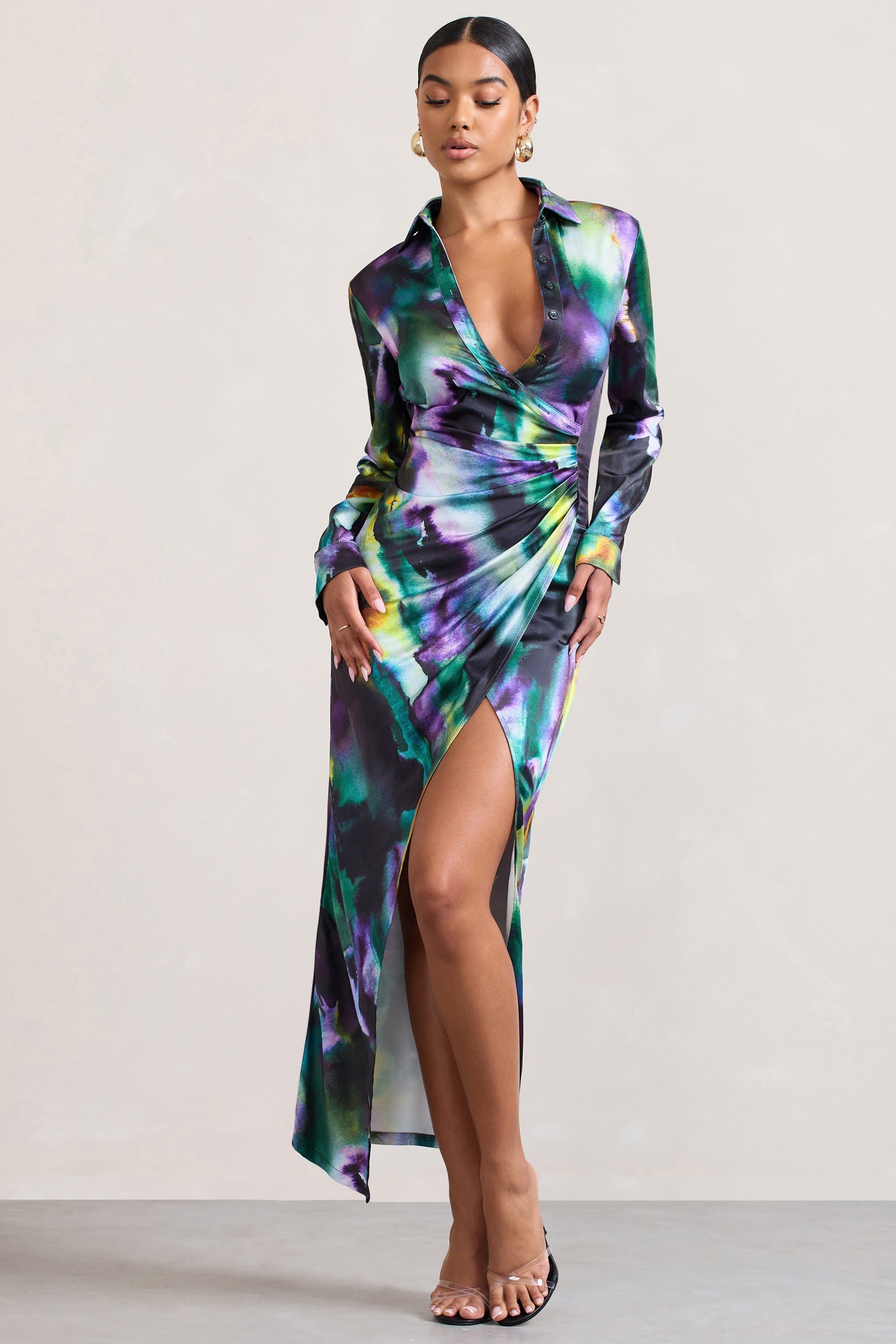Oasis Watercolour Print Satin Long-Sleeved Maxi Shirt Dress