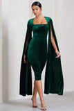 Flawless Bottle Green Velvet Square Neck Midi Dress With Cape Sleeves
