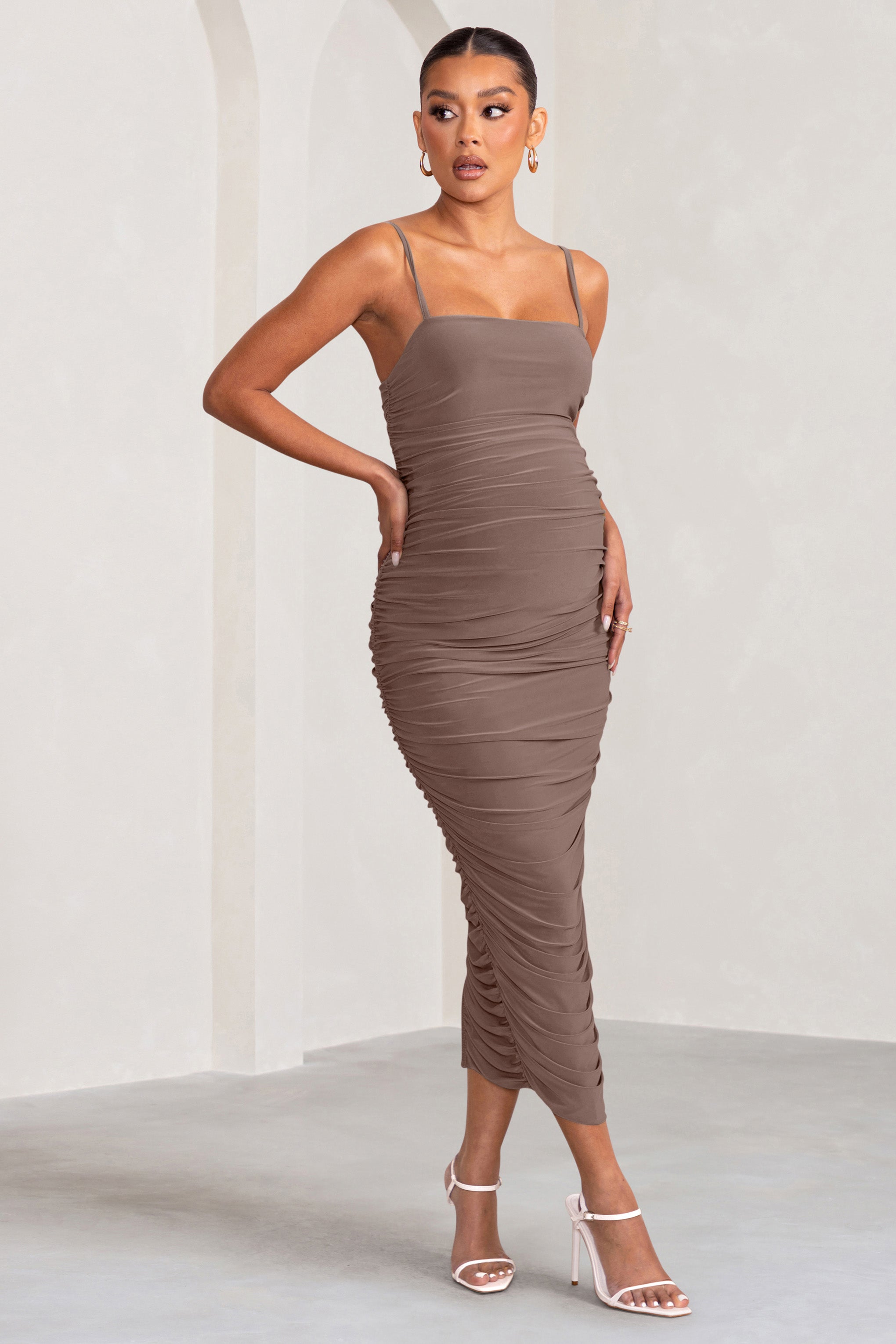 Sentimental Mocha Maternity Midi Dress with Cami Straps and Ruching