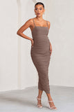 Sentimental Mocha Maternity Midi Dress with Cami Straps and Ruching