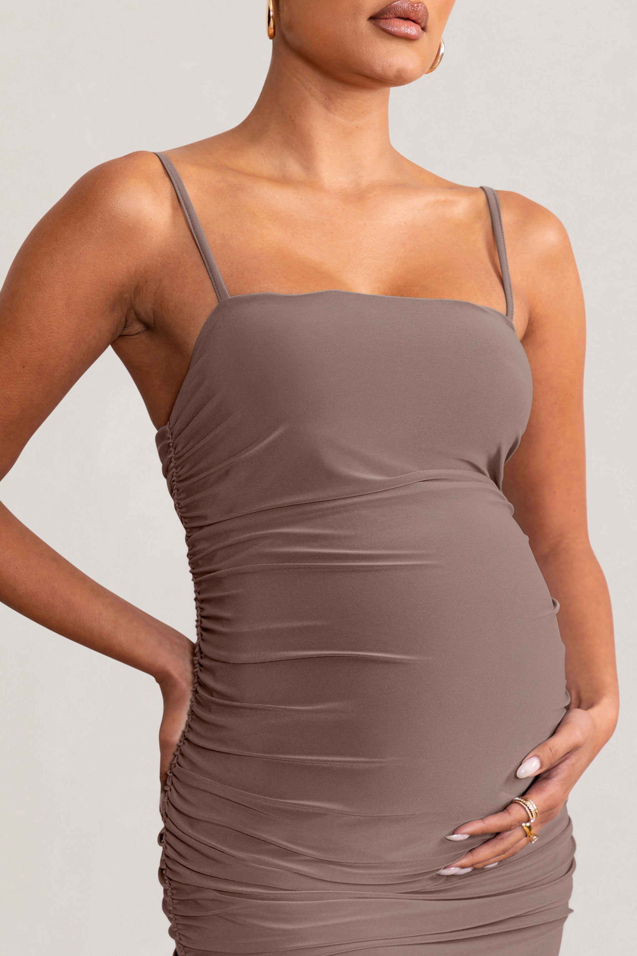 Sentimental Mocha Maternity Midi Dress with Cami Straps and Ruching