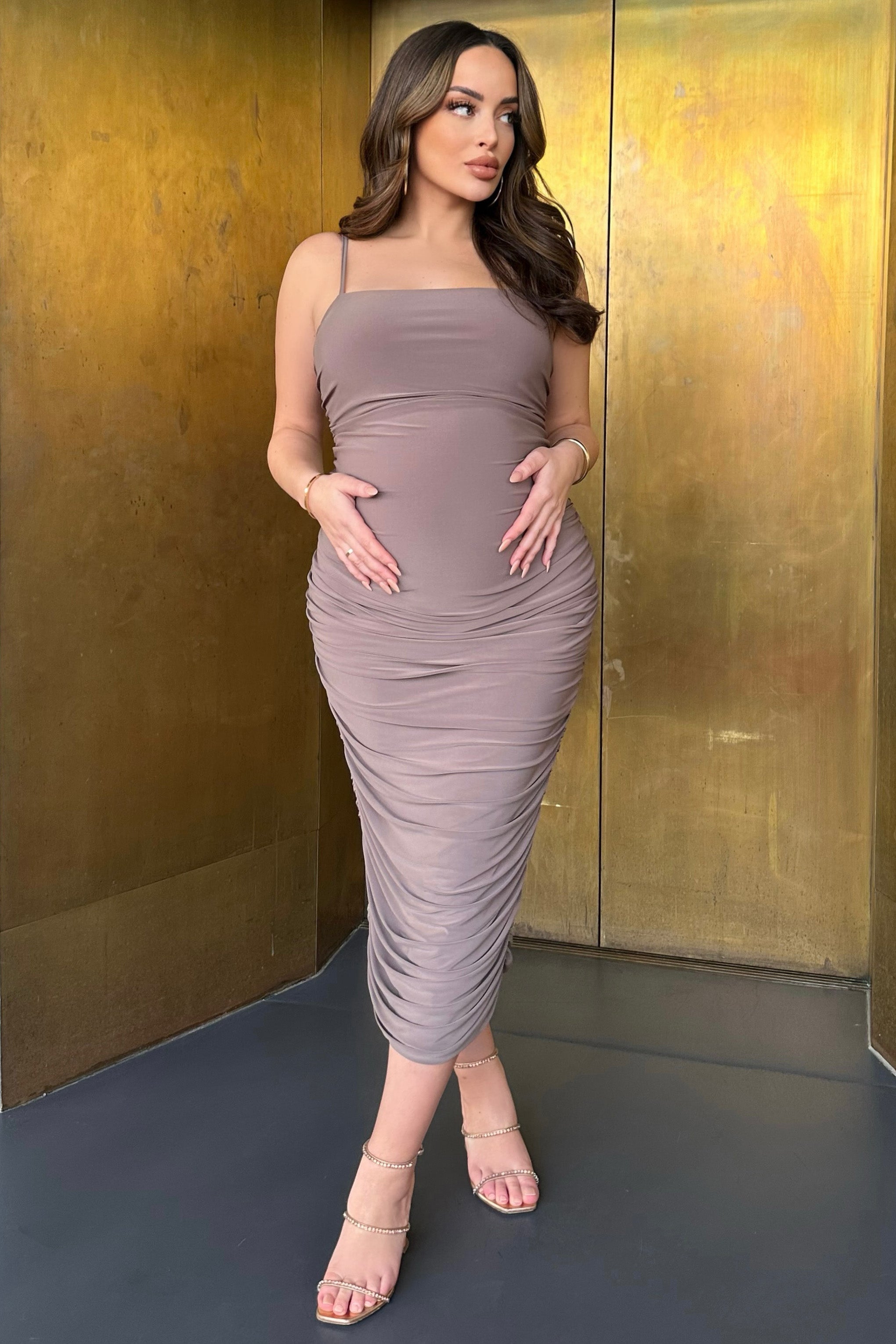 Sentimental Mocha Maternity Midi Dress with Cami Straps and Ruching