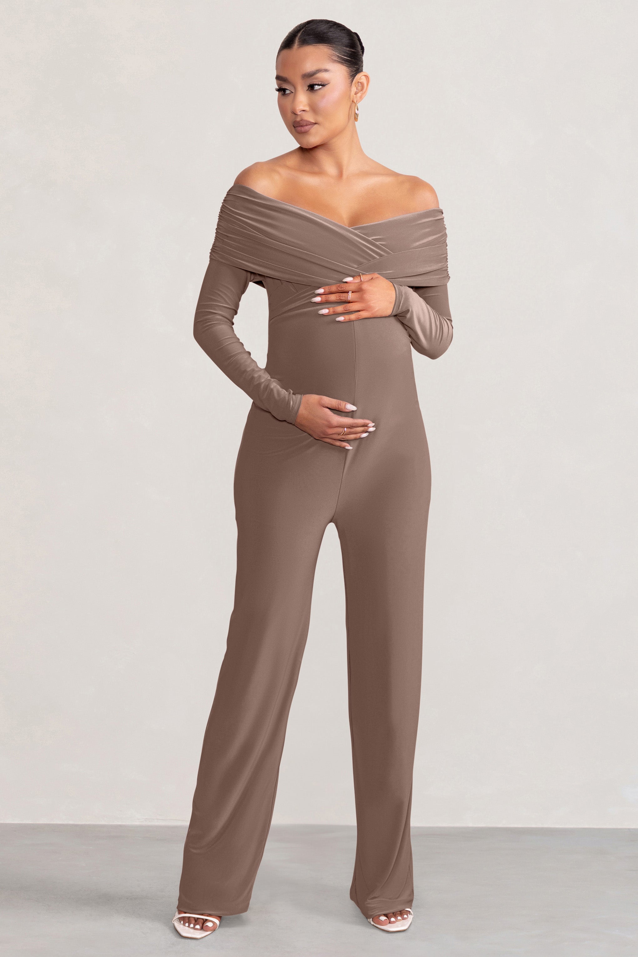 Nuala Mocha Bardot Maternity Jumpsuit with Long Sleeves