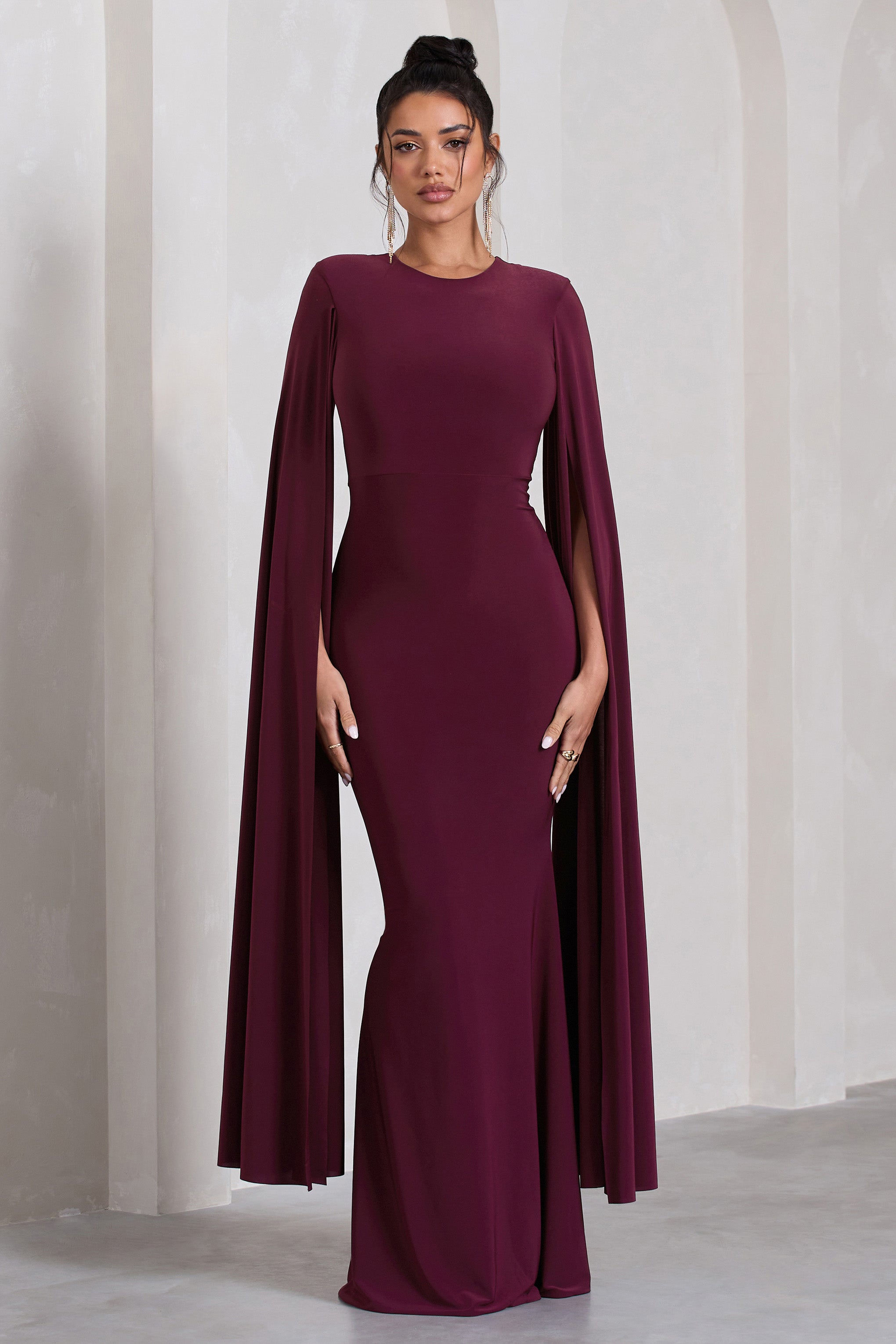 Kimmy Burgundy High Neck Maxi Dress With Cape Sleeves