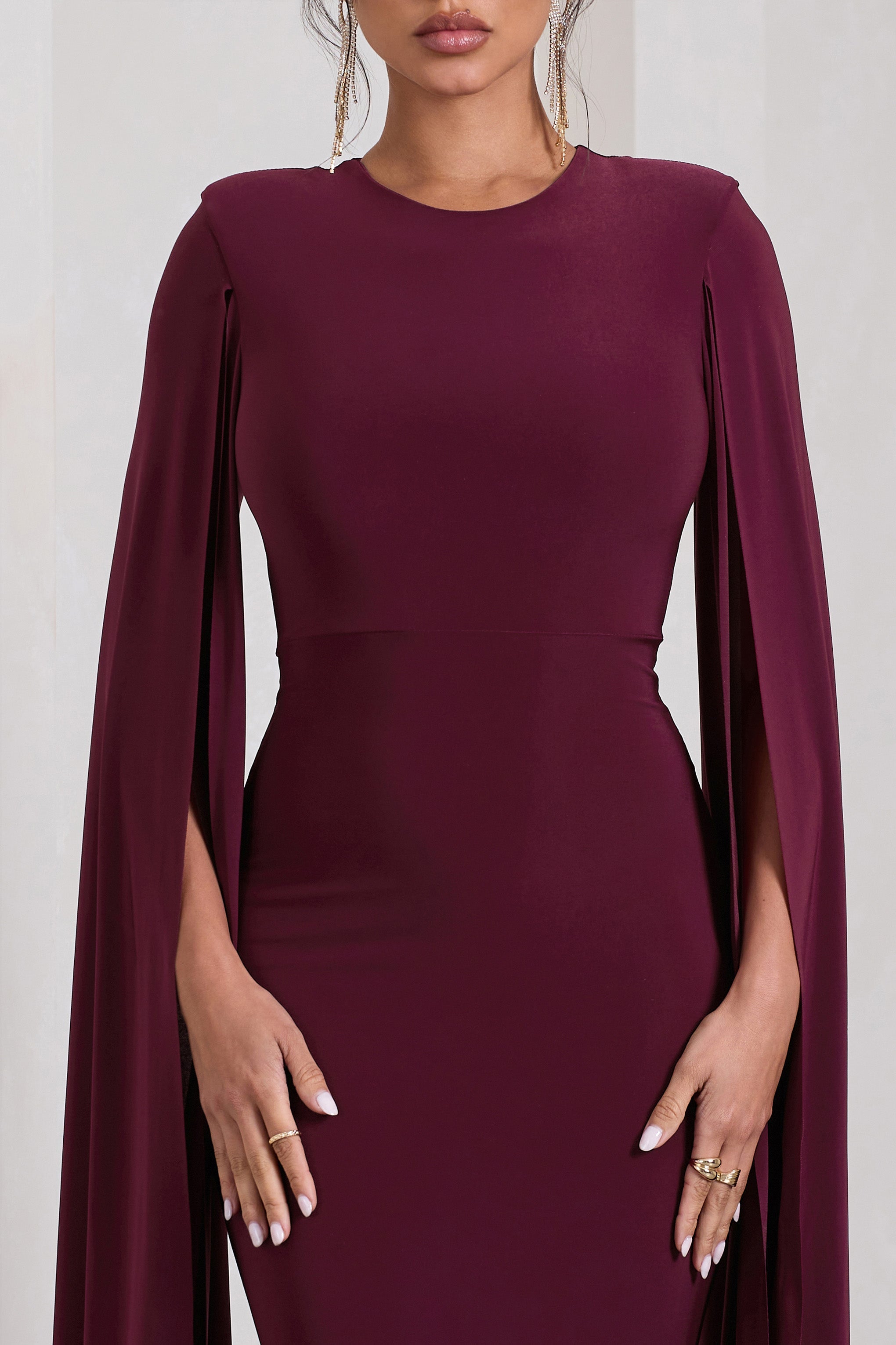 Kimmy Burgundy High Neck Maxi Dress With Cape Sleeves