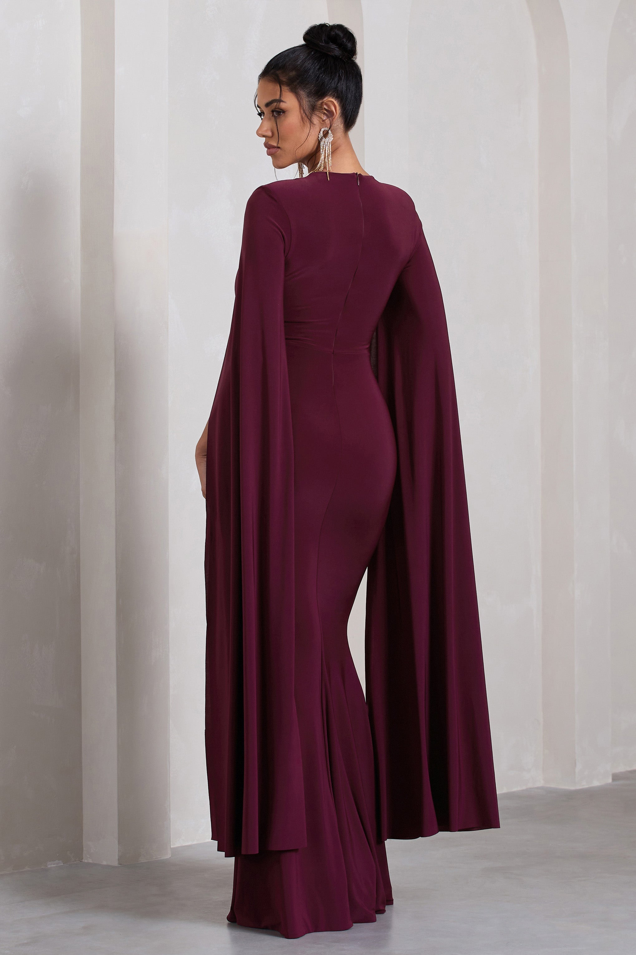 Kimmy Burgundy High Neck Maxi Dress With Cape Sleeves