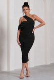 Cici Black Asymmetric One Shoulder Ruched Midi Dress