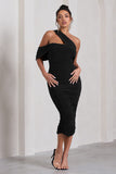 Cici Black Asymmetric One Shoulder Ruched Midi Dress