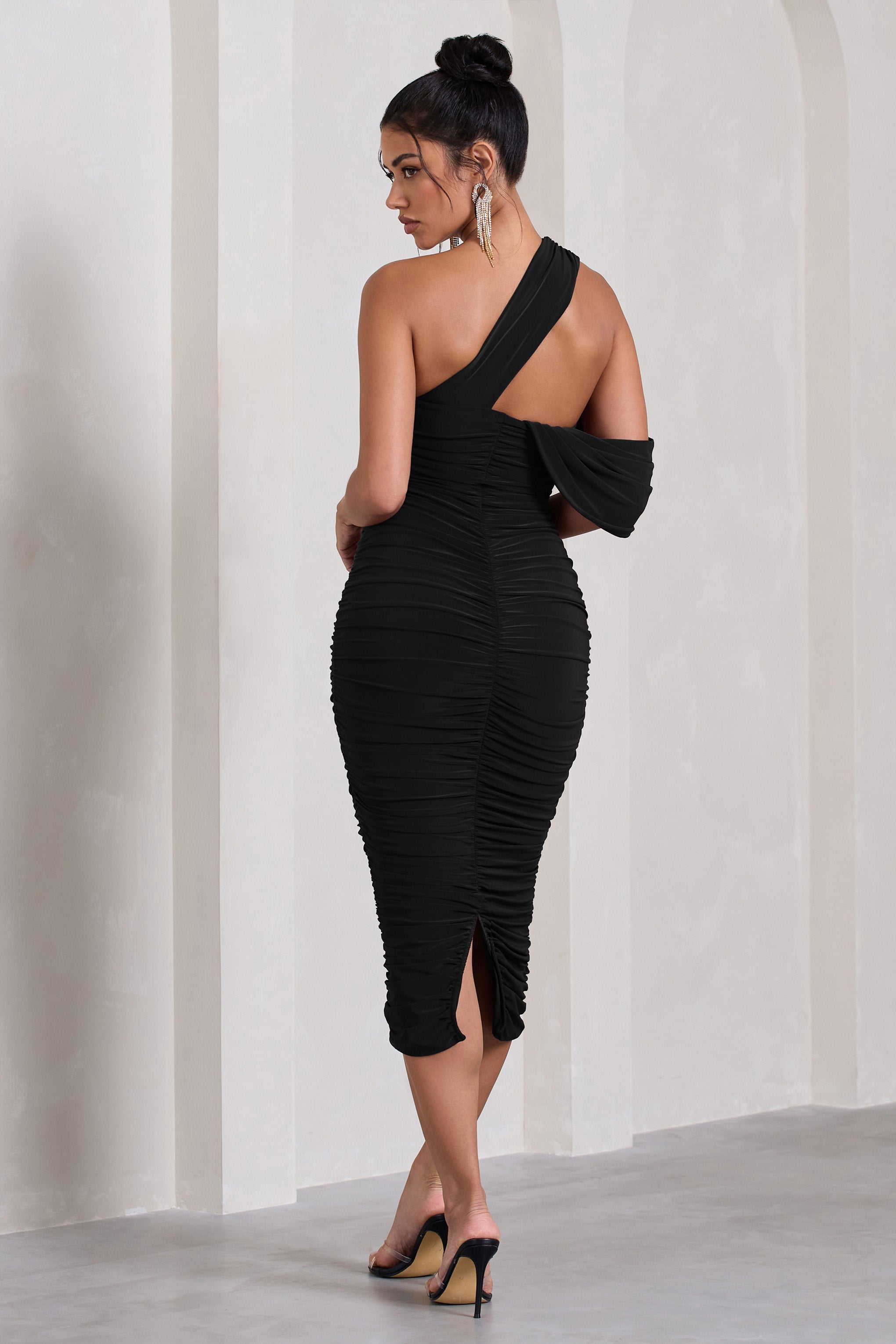 Cici Black Asymmetric One Shoulder Ruched Midi Dress