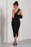 Cici Black Asymmetric One Shoulder Ruched Midi Dress