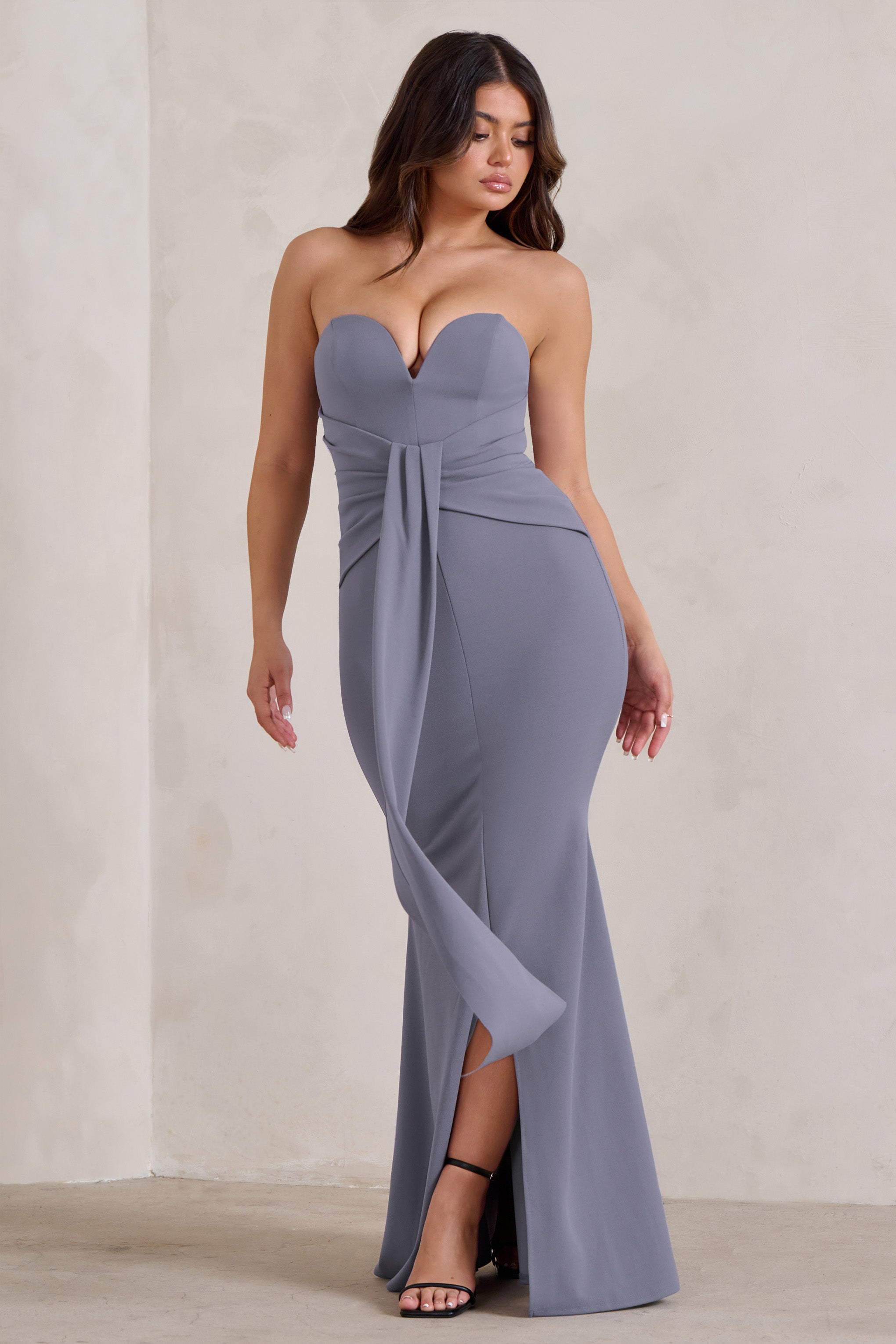 Carrie Grey Sweetheart Neckline Maxi Dress With Statement Tie