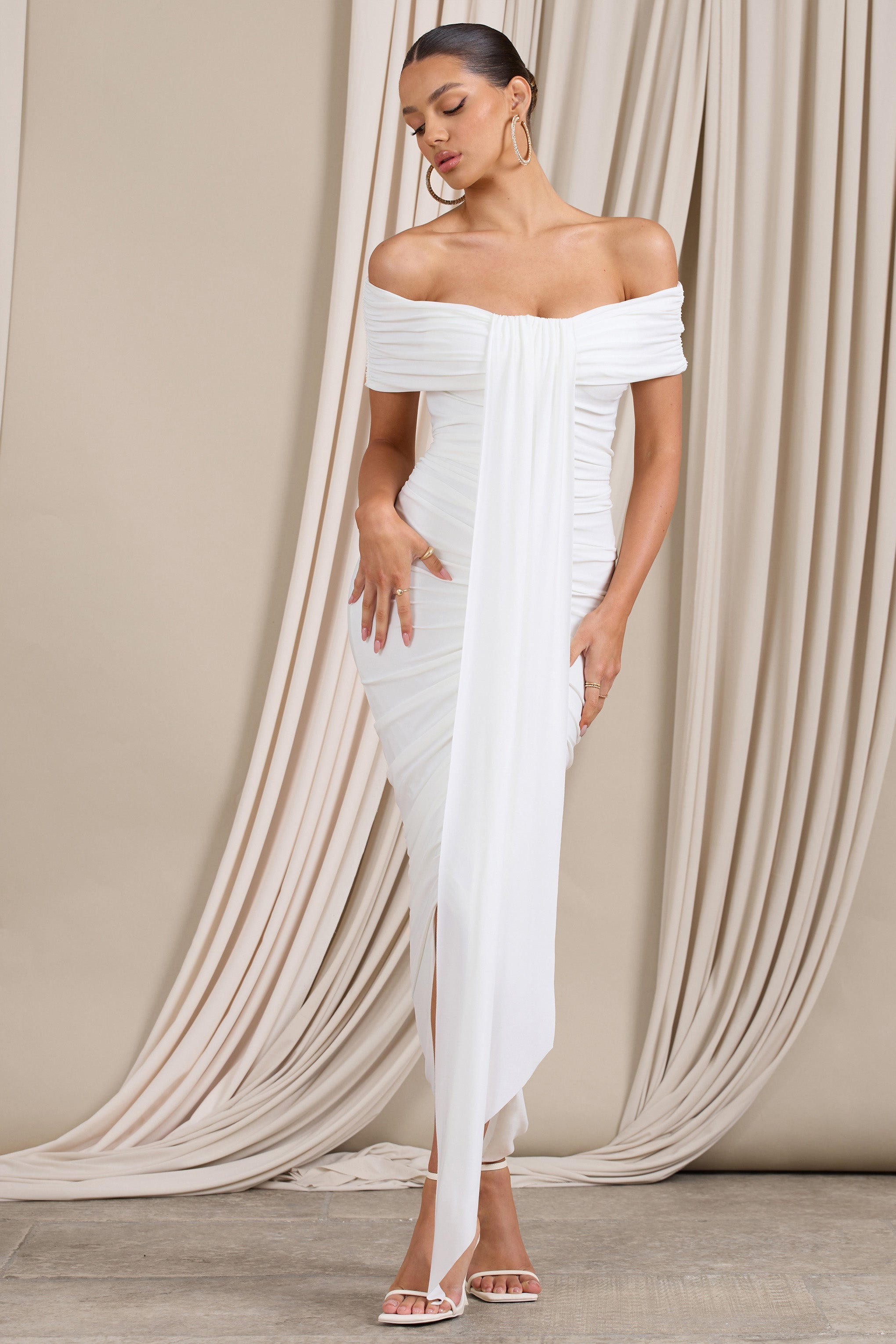 Camrin White Ruched Bardot Maxi Dress With Train Detail
