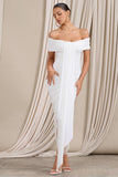 Camrin White Ruched Bardot Maxi Dress With Train Detail