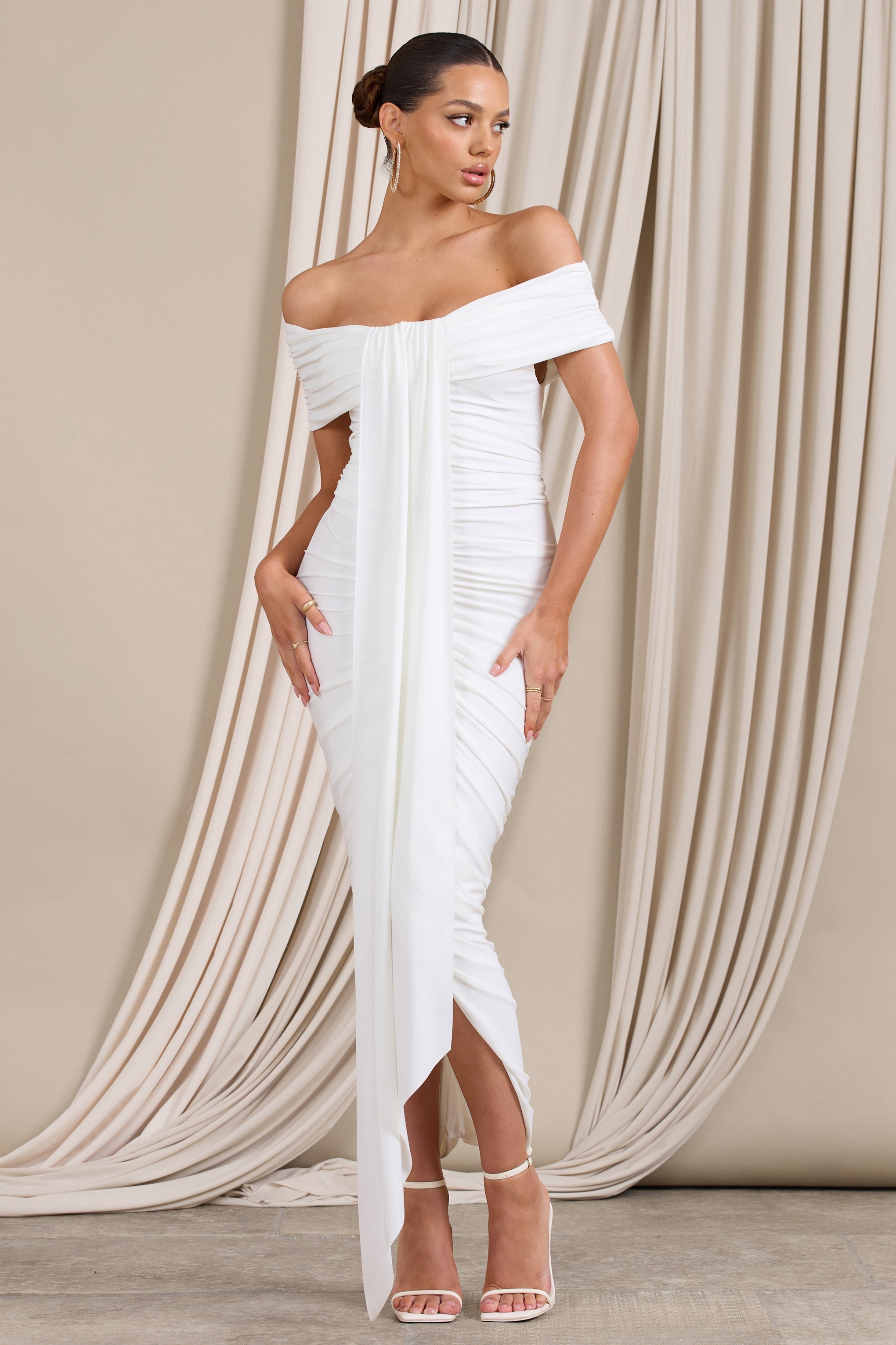 Camrin White Ruched Bardot Maxi Dress With Train Detail