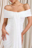 Camrin White Ruched Bardot Maxi Dress With Train Detail
