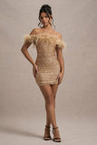 New Money Gold Bodycon Sequin Mini Dress With Feather Trim