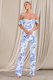 From The Vine Blue Floral Strappy Drape-Sleeved Corset Jumpsuit