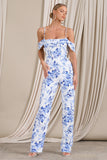 From The Vine Blue Floral Strappy Drape-Sleeved Corset Jumpsuit