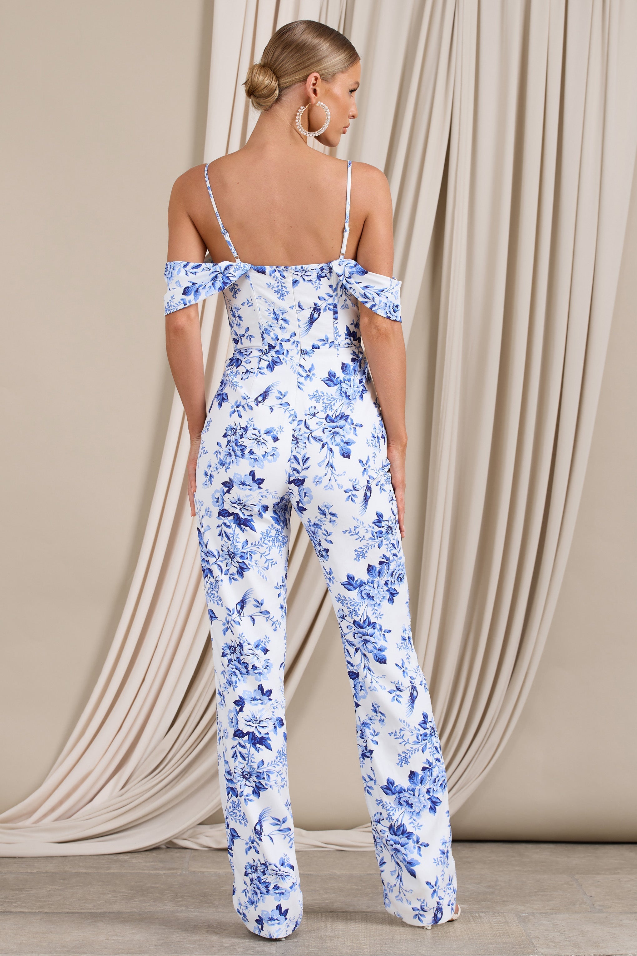 From The Vine Blue Floral Strappy Drape-Sleeved Corset Jumpsuit