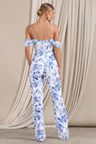 From The Vine Blue Floral Strappy Drape-Sleeved Corset Jumpsuit