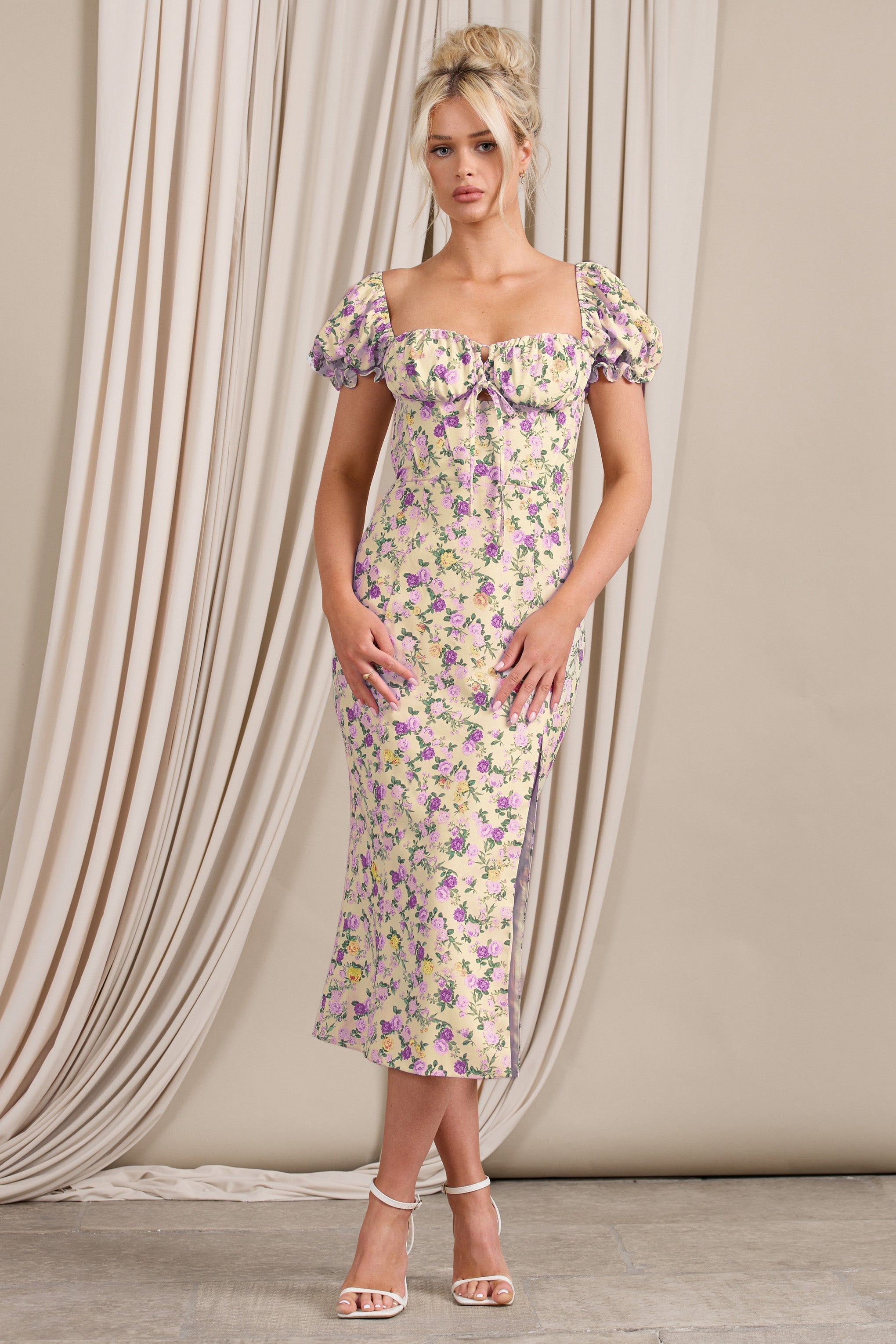Two Scoops Yellow Floral Puff-Sleeved Corset Split Midi Dress