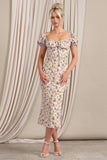 Two Scoops Yellow Floral Puff-Sleeved Corset Split Midi Dress