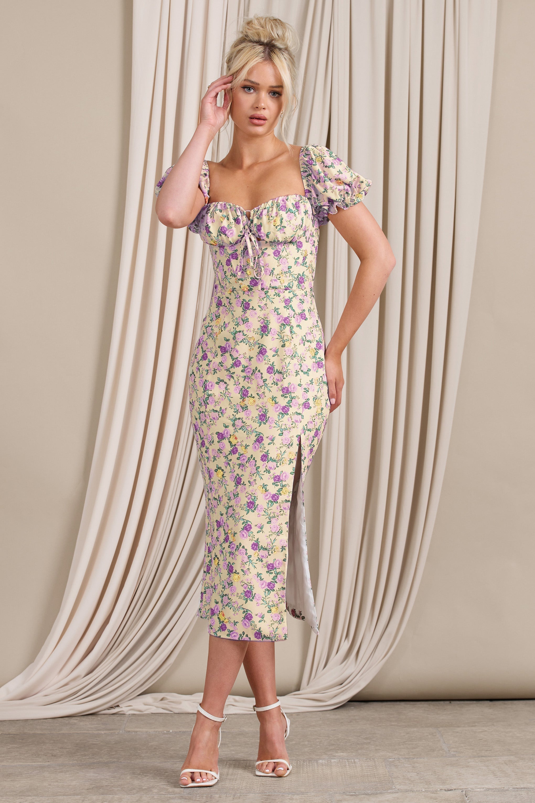 Two Scoops Yellow Floral Puff-Sleeved Corset Split Midi Dress