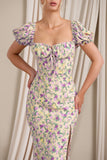 Two Scoops Yellow Floral Puff-Sleeved Corset Split Midi Dress