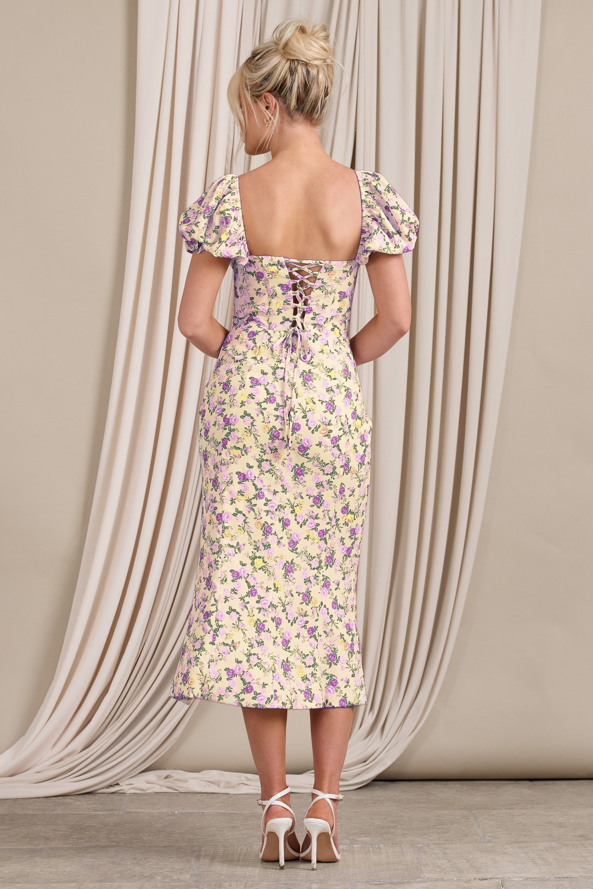 Two Scoops Yellow Floral Puff-Sleeved Corset Split Midi Dress
