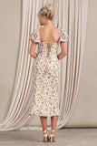 Two Scoops Yellow Floral Puff-Sleeved Corset Split Midi Dress