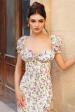 Two Scoops Yellow Floral Puff-Sleeved Corset Split Midi Dress