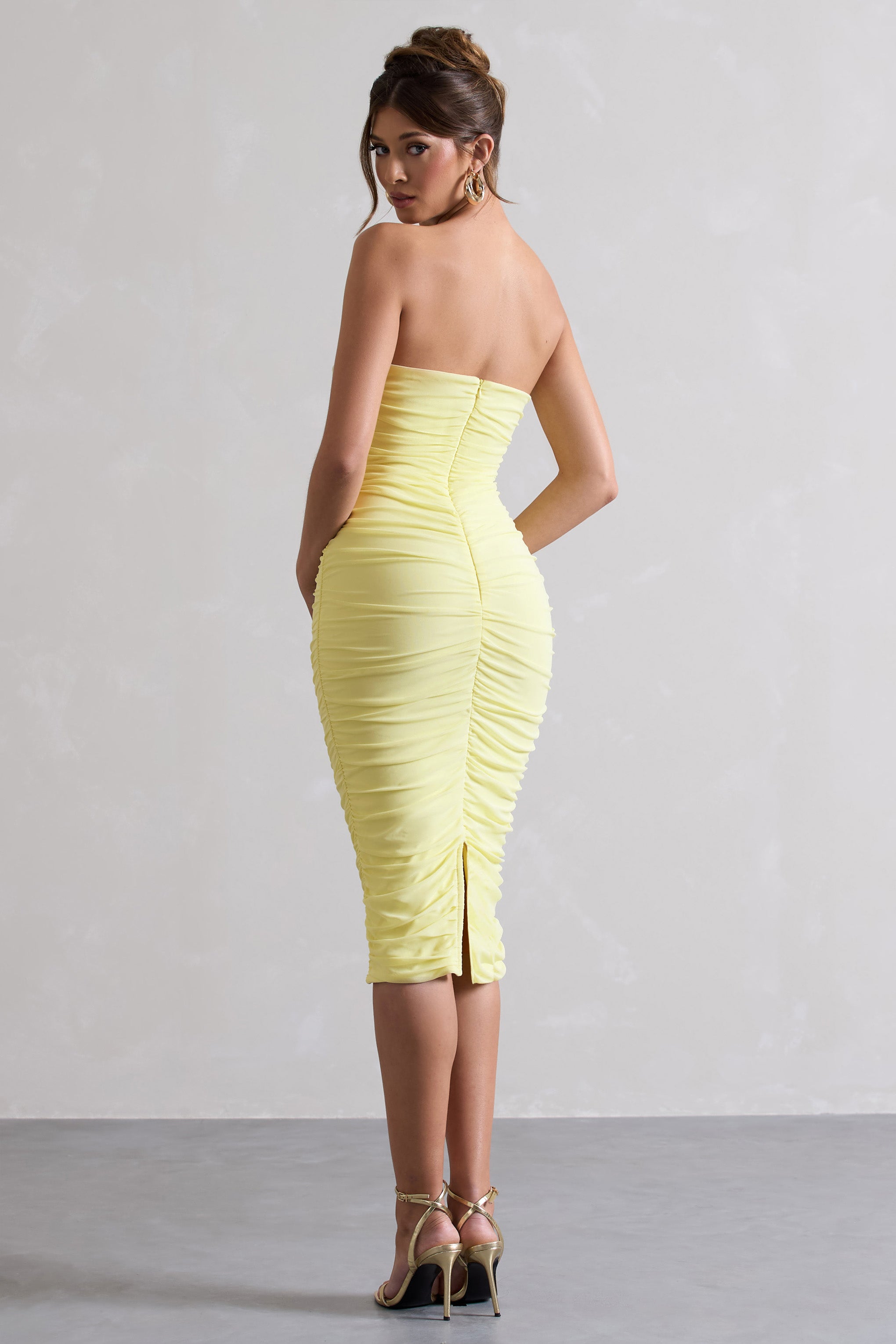 My Girl Lemon Strapless Bodycon Ruched Mesh Midi Dress