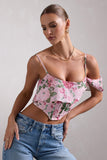Lost In Your Love Pink Floral Print Asymmetric Corset Top With Draped Chiffon Sleeve