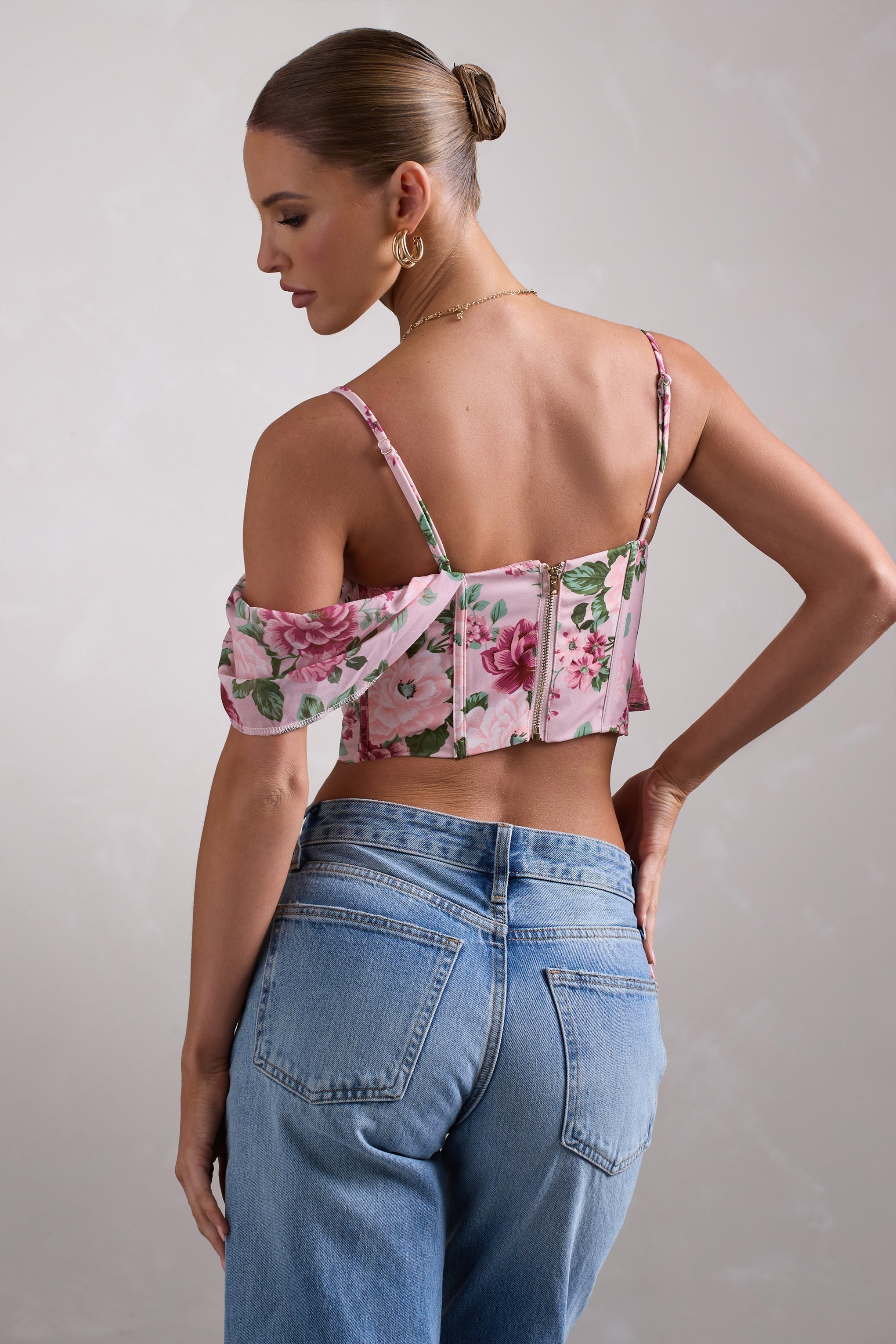 Lost In Your Love Pink Floral Print Asymmetric Corset Top With Draped Chiffon Sleeve