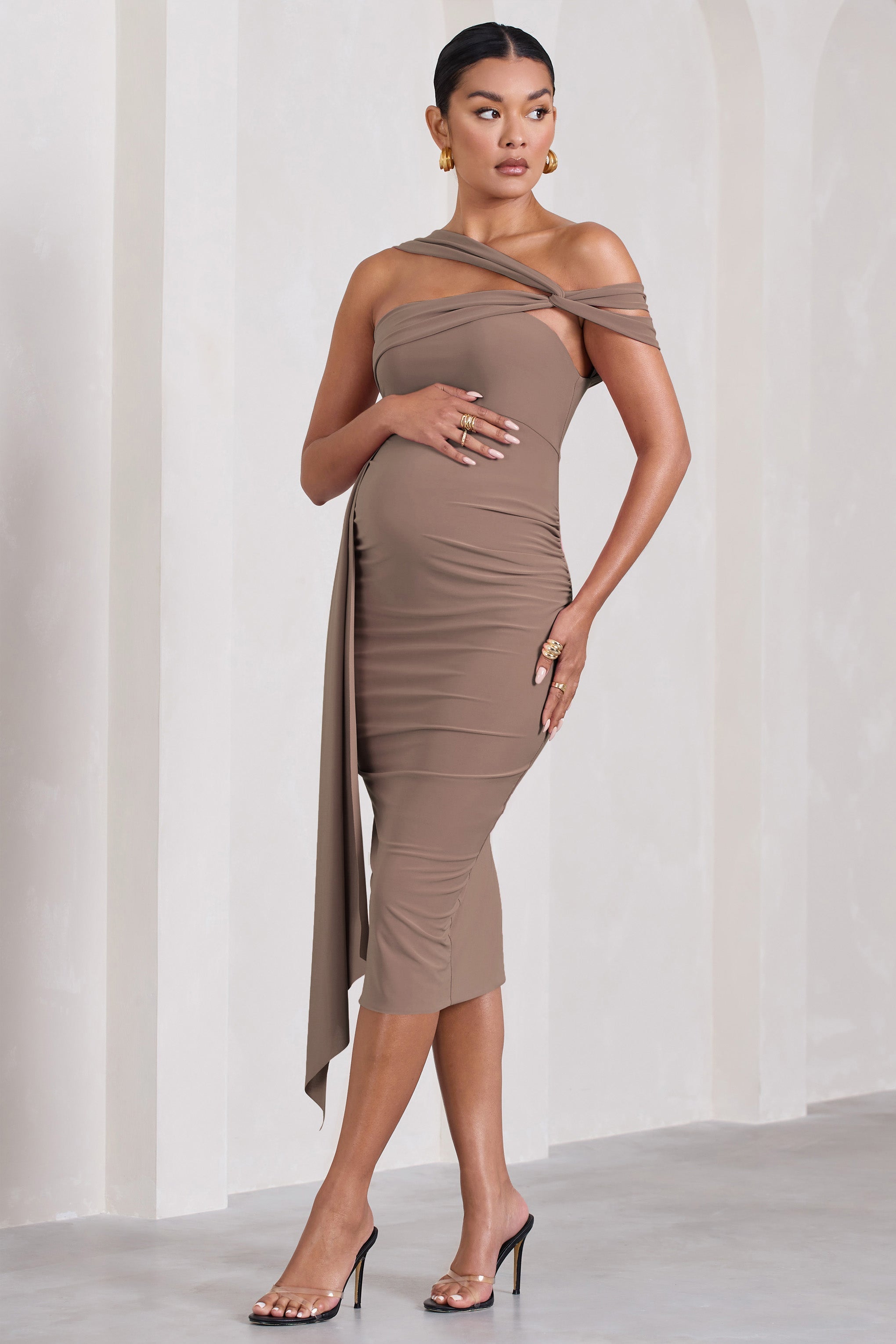 Just Wait Mocha Asymmetric Strappy Maternity Midi Dress With Drape