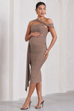 Just Wait Mocha Asymmetric Strappy Maternity Midi Dress With Drape