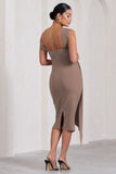 Just Wait Mocha Asymmetric Strappy Maternity Midi Dress With Drape