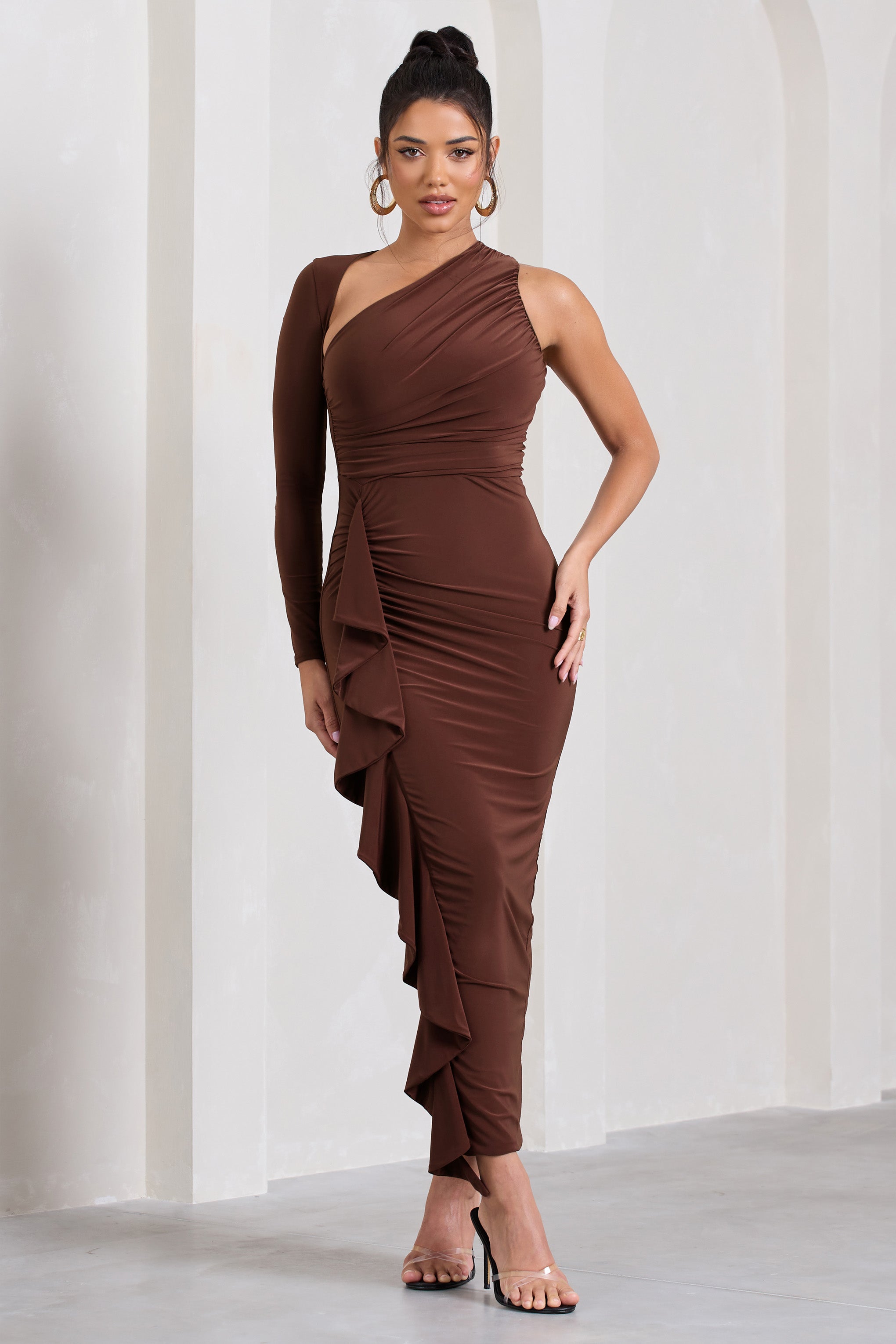 Compass Brown One-Sleeved Cut-Out Maxi Dress With Ruffle